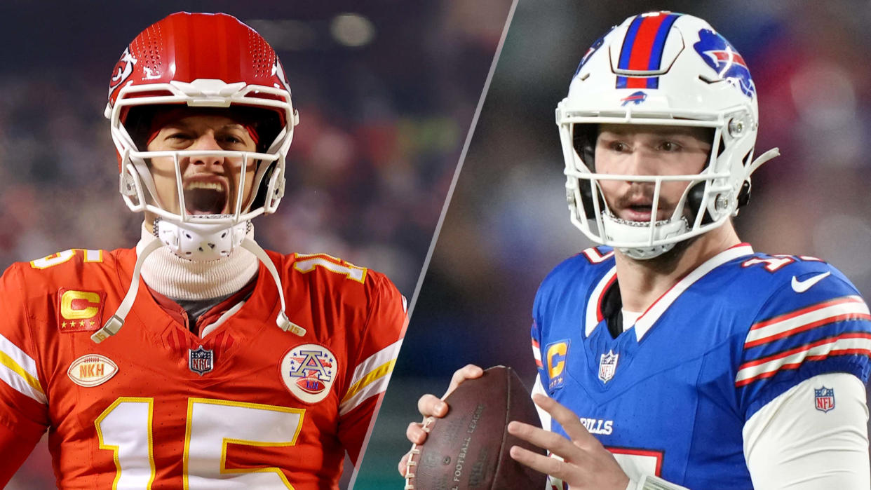  Patrick Mahomes #15 of the Kansas City Chiefs reacts as he takes the field before the AFC Wild Card Playoffs against the Miami Dolphins at GEHA Field at Arrowhead Stadium on January 13, 2024 in Kansas City, Missouri. (Photo by Jamie Squire/Getty Images) / Buffalo Bills quarterback Josh Allen (17) looks for an open receiver from the pocket during the game between the Buffalo Bills and the Miami Dolphins on Sunday, January 7, 2024 at Hard Rock Stadium, Miami Gardens, Fla. (Photo by Peter Joneleit/Icon Sportswire via Getty Images). 