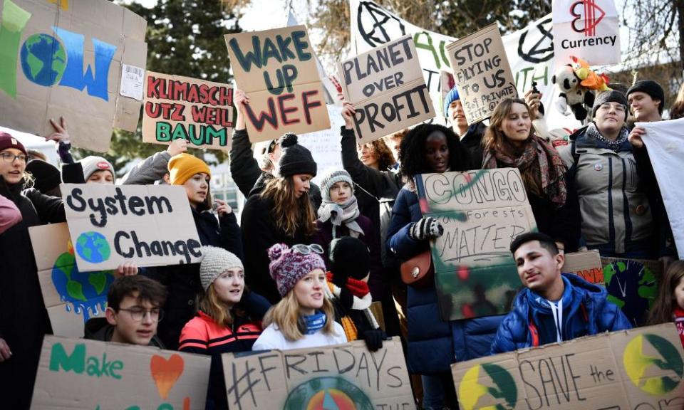 Greta Thunberg and other young climate activists at the World Economic Forum in Davos last month.