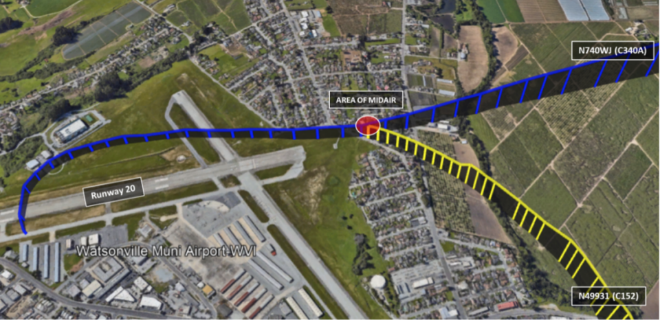 View of the flight track data showing the paths two aircraft took that led to the Aug. 18, 2022 crash over Watsonville Municipal Airport.