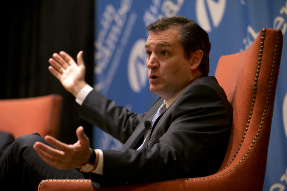 Senator Ted Cruz (R-Texas) answers a question during an event held by the Austin Chamber of Commerce in Austin, Texas on Friday, April 5, 2013. Titled "A Conversation with Senator Ted Cruzon Business Issues," the event was held at the Four Seasons hotel and featured moderator John Holmes who asked Sen. Cruz questions from the audience. (AP Photo/Austin American-Statesman, Deborah Cannon) AUSTIN CHRONICLE OUT, COMMUNITY IMPACT OUT, MAGS OUT; NO SALES; INTERNET AND TV MUST CREDIT PHOTOGRAPHER AND STATESMAN.COM