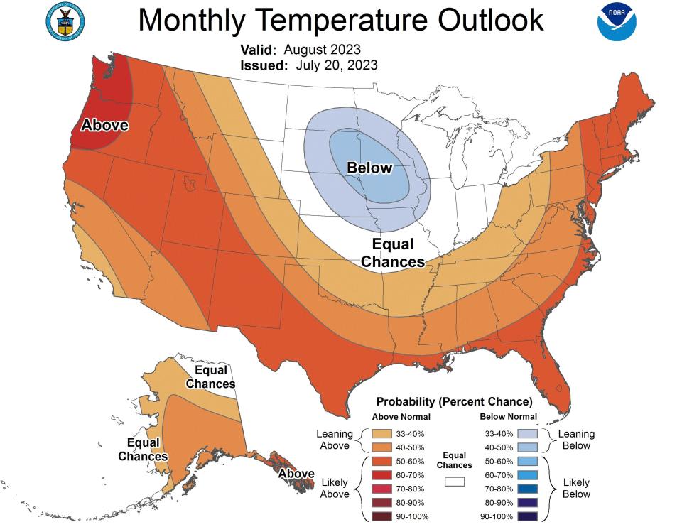 August is forecast to be warmer-than-average across most of the western, southern and eastern U.S. Only a small portion of the Upper Midwest (in blue) is expected to see cooler-than-normal temperatures in August.