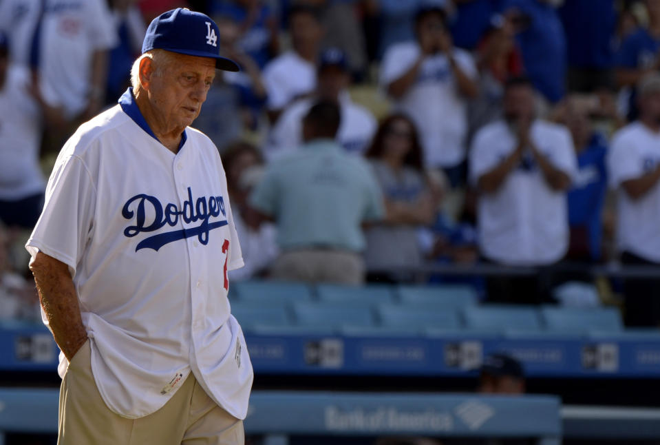 Hall of Fame and former Los Angeles Dodgers manager Tommy Lasorda passed away at the age of 93. Former Los Angeles Dodger Tommy Lasorda during the Old Timers game prior to a Major League baseball game between the Cincinnati Reds and the Los Angeles Dodgers at Dodger Stadium on Saturday, June 10, 2017 in Los Angeles. (Photo by Keith Birmingham, Pasadena Star-News/SCNG)/The Orange County Register via AP)