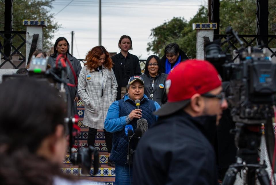 Amerika Garcia Grewal speaks at a Border Coalition press conference in downtown Eagle Pass ahead of former President Donald Trump's visit to Shelby Park on Feb. 29, 2024.