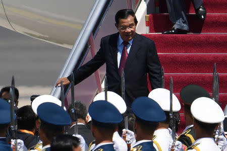 Cambodia's Prime Minister Hun Sen arrives at Beijing airport ahead of the Belt and Road Forum in Beijing, China, April 25, 2019. Greg Baker/Pool via REUTERS