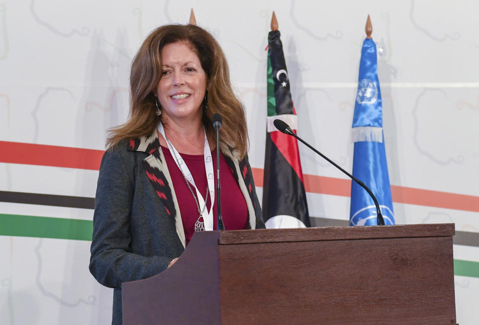 Stephanie Williams, Acting Special Representative of the Secretary-General and Head of the United Nations Support Mission attends the opening ceremony of the Libya's peace talks in Tunis, Tunisia, Monday Nov. 9, 2020. Libya's rival factions began much-awaited political peace talks in Tunisia's capital on Monday brokered by the United Nations, with a goal of drawing a roadmap to presidential and parliamentary elections. (AP Photo/Hassene Dridi)