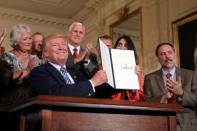 U.S. President Donald Trump signs a proclamation as he attends a "Made in America" products showcase event at the White House in Washington, U.S., July 17, 2017. REUTERS/Carlos Barria