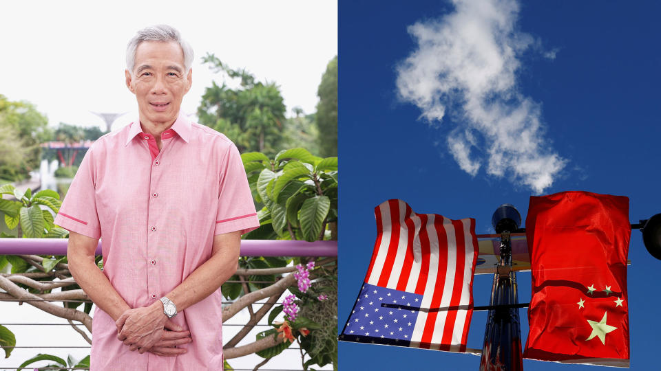 Composite image of Prime Minister Lee Hsien Loong standing in pink and US, China flags.
