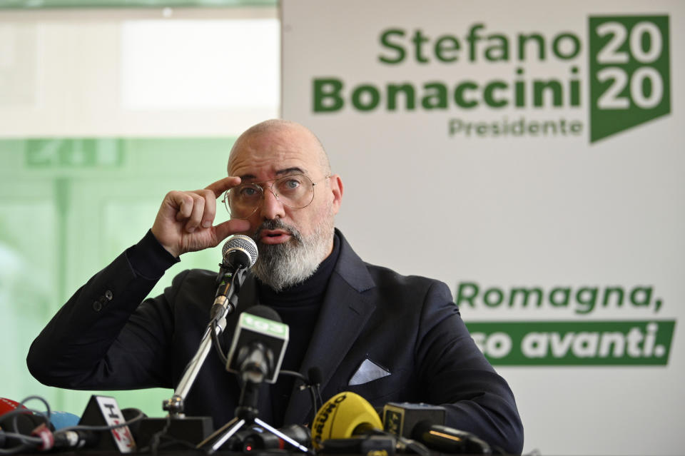 Emilia Romagna's governor Stefano Bonaccini speaks to reporters after winning the regional elections, in Casalecchio di Reno, near Bologna, Italy, Monday, Jan. 27, 2020. Italian voters thwarted right-wing opposition leader Matteo Salvini's hopes of turning an election in a key northern region into a springboard for regaining national power, nearly complete results showed Monday. (Massimo Paolone/LaPresse via AP)