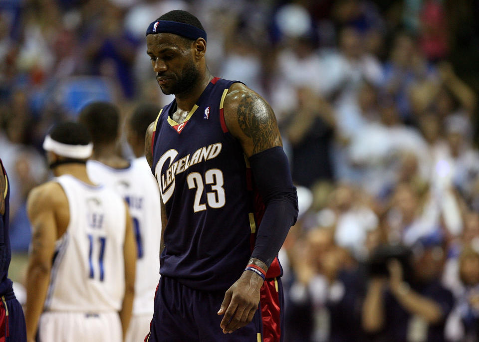 ORLANDO, FL - MAY 30: LeBron James #23 of the Cleveland Cavaliers falls short again&nbsp;against the Orlando Magic in Game Six of the Eastern Conference Finals during the 2009 Playoffs as Orlando Magic advances to the Finals on May 30, 2009 in Orlando, Florida.