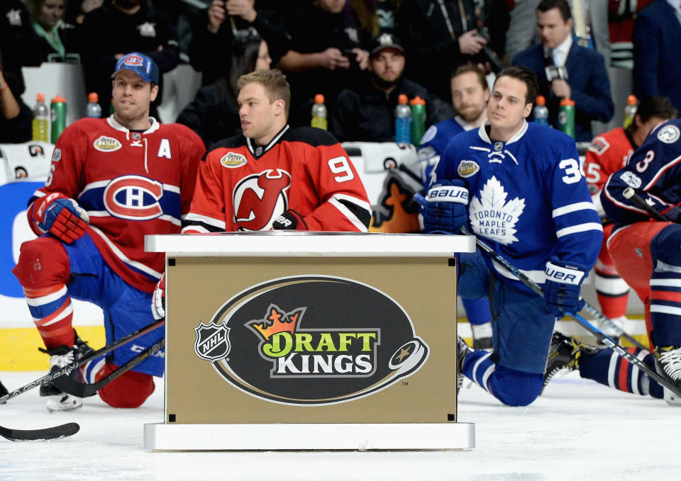 LOS ANGELES, CA - JANUARY 28: (L-R) Shea Weber #6 of the Montreal Canadiens, Taylor Hall #9 of the New Jersey Devils and Auston Matthews #34 of the Toronto Maple Leafs look on during the DraftKings NHL Accuracy Shooting as part of the 2017 Coors Light NHL All-Star Skills Competition at Staples Center on January 28, 2017 in Los Angeles, California.  (Photo by Andrew D. Bernstein/NHLI via Getty Images)