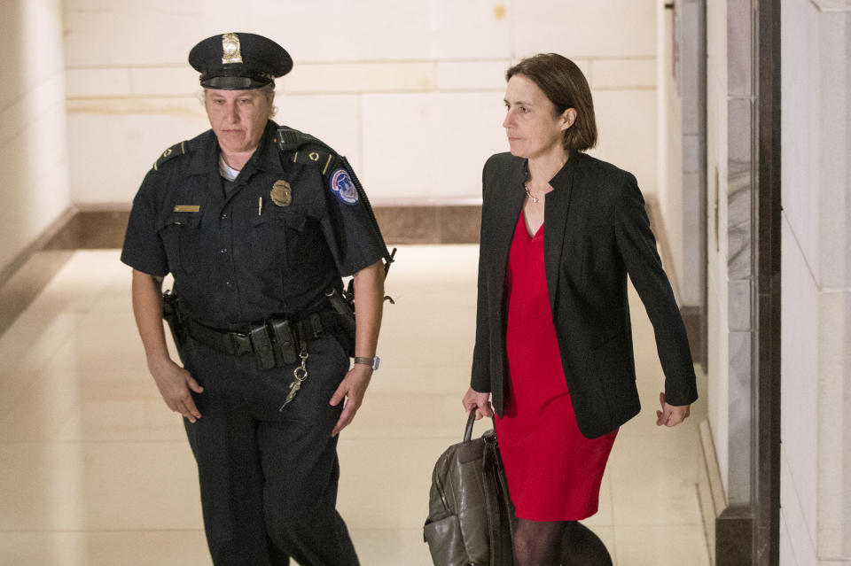 Former White House advisor on Russia, Fiona Hill, arrives on Capitol Hill in Washington, Monday, Oct. 14, 2019, as she is scheduled to testify before congressional lawmakers as part of the House impeachment inquiry into President Donald Trump. (AP Photo/Manuel Balce Ceneta)