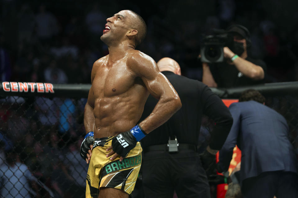 HOUSTON, TEXAS - MAY 15: Edson Barboza of Brazil reacts after defeating Shane Burgos in their featherweight bout during the UFC 262 event at Toyota Center on May 15, 2021 in Houston, Texas. (Photo by Cooper Neill/Zuffa LLC)