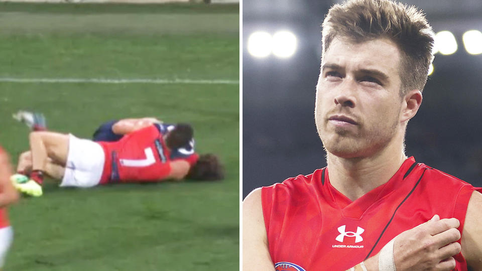 Zach Merrett's tackle on Tom Sparrow is seen left, with Merrett himself pictured right.