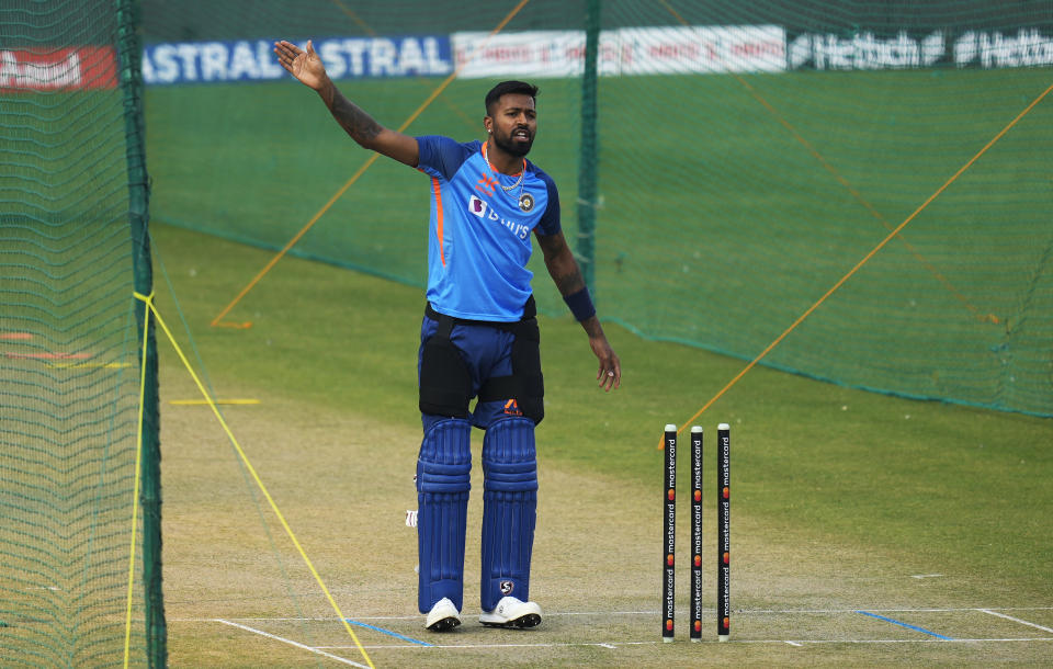 Indian cricket player Hardik Pandya attends a practice session before their third one day international cricket match against New Zealand in Indore, India, Monday, Jan. 23, 2023. (AP Photo/Rajanish Kakade)