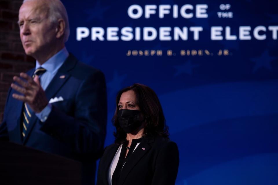 <div class="inline-image__caption"><p>Vice President-elect Kamala Harris listens while US President-elect Joe Biden speaks at the Queen Theater December 28, 2020, in Wilmington, Delaware. </p></div> <div class="inline-image__credit">Brendan Smialowski/AFP/Getty</div>