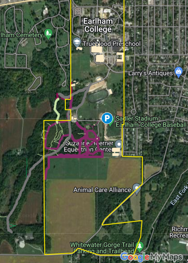 A screenshot of one of Earlham College's Earlham Nature Reserve System properties, created with Google My Maps.