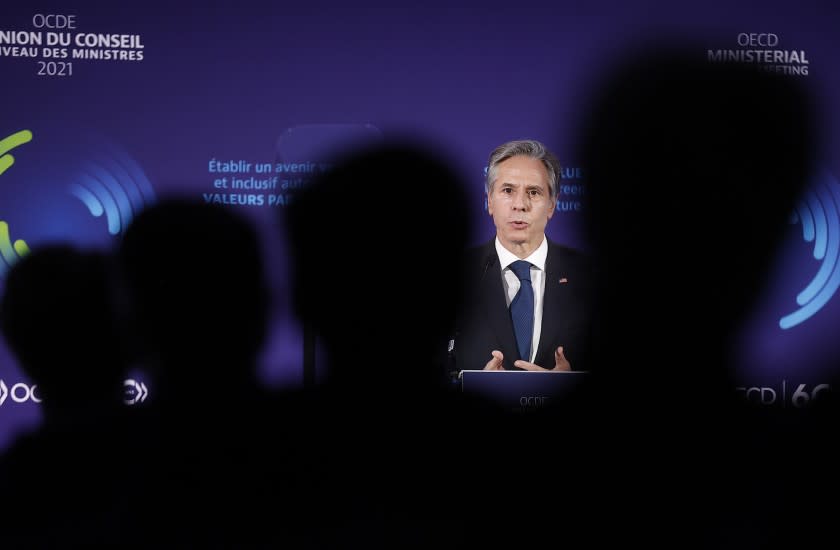 Secretary of State Antony Blinken speaks during a member session at the Organization for Economic Cooperation and Development's Ministerial Council Meeting, Tuesday, Oct. 5, 2021, in Paris. (Ian Langsdon, Pool via AP)