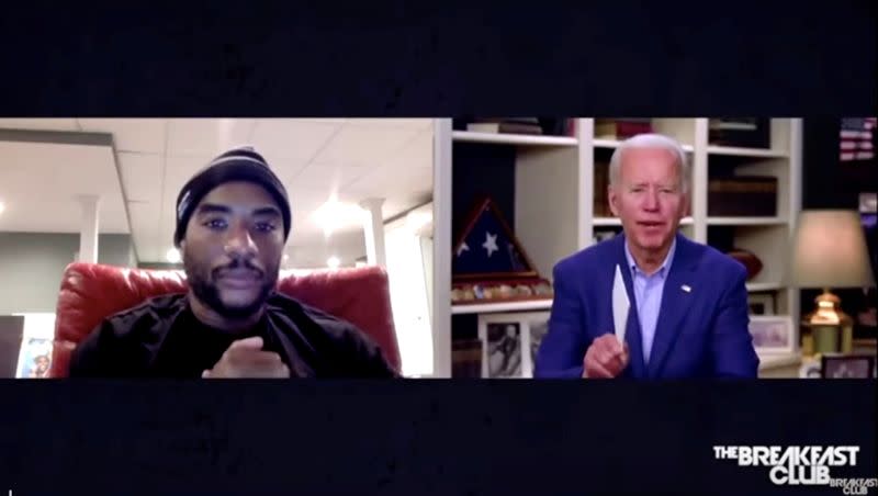 U.S. Democratic presidential candidate Joe Biden participates in radio interview with host "Charlamagne tha God" remotely from Biden's home in Wilmington, Delaware