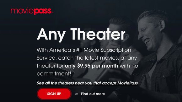 MoviePass homepage showing $9.95 a month plan for unlimited movies.