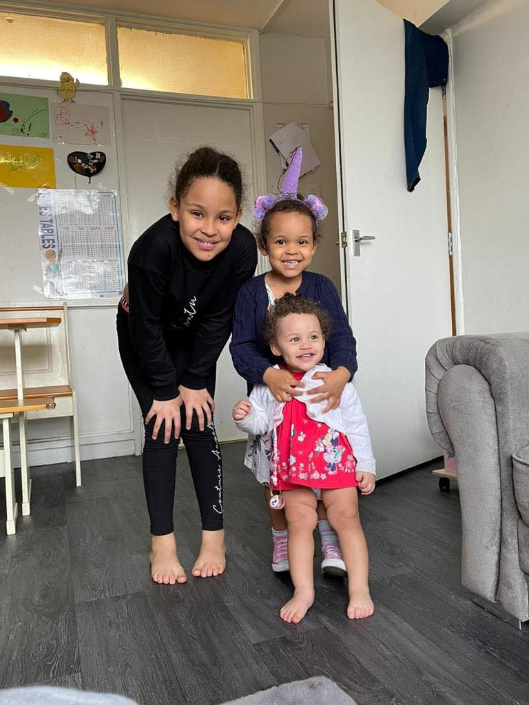 Peyton (left) M'Kenna (right) and Ariealla (front). See SWNS story SWNJmould. A mum has said she’s “scared her three-year-old daughter might die” after discovering black mould in her home.  Terri Harrigan, 31, first found the mould after peeling back her wallpaper - shortly after moving in December 2019.  She claims a member of Hackney Council “only painted over” the mould after she put in a complaint - rather than cleaning it, as she’d requested.  Terri’s daughter, Ariealla, has been “sick most of her life” as a direct result of the mould in their home. She now has to use a salbutamol inhaler every day. 
