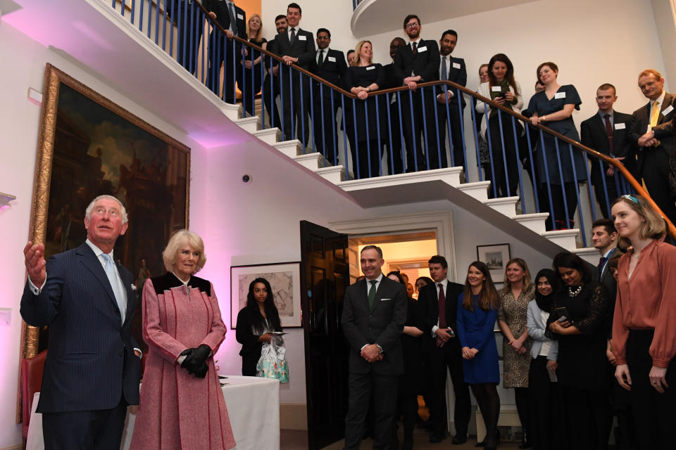 LONDON, ENGLAND - FEBRUARY 13: Prince Charles, Prince of Wales and Camilla, Duchess of Cornwall during a tour of the Cabinet Office on February 13, 2020 in London, England. Their Royal Highnesses toured the Cabinet Office building to recognise the work it undertakes on behalf of the government. The Cabinet Office supports the Prime Minister and ensure the effective running of government. It is also the corporate headquarters for government, in partnership with HM Treasury, and takes the lead in certain critical policy areas. (Photo by Daniel Leal Olivas - WPA Pool/Getty Images)