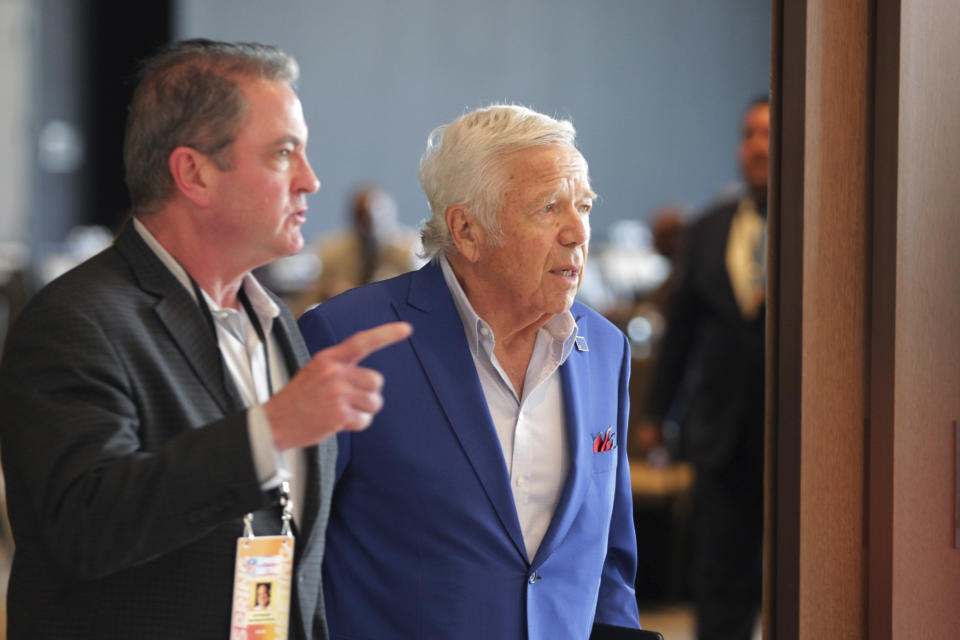 New England Patriots owner Robert Kraft, right, attends the NFL Owners Meetings at the Omni Hotel Monday, May 22, 2023 in Eagan, Minn. (AP Photo/Andy Clayton-King)