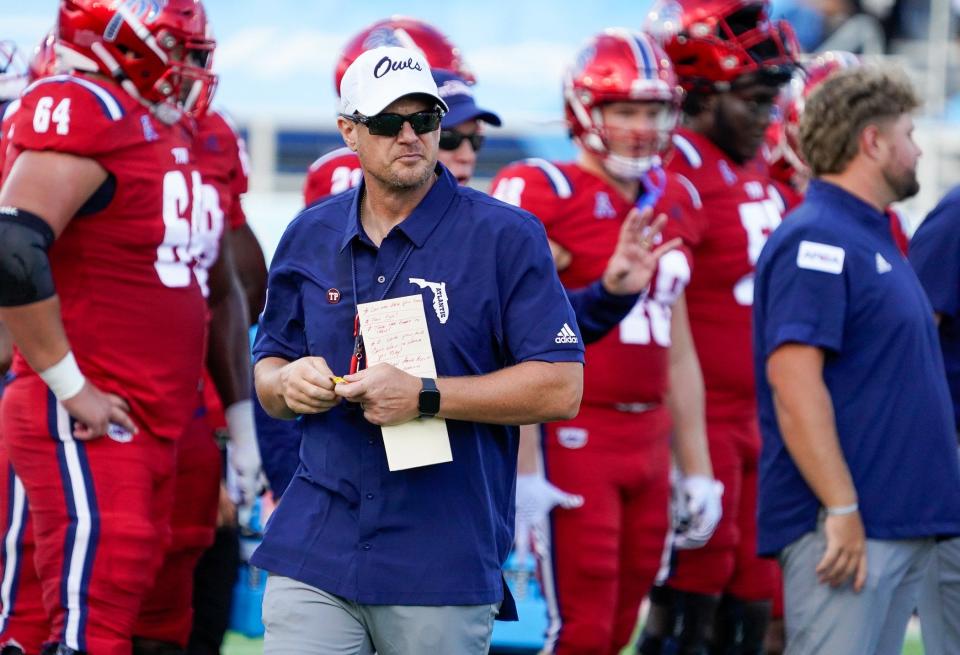 Florida Atlantic head coach Tom Herman watches his team during warm ups before a 42-20 victory over Monmouth at FAU Stadium on Saturday, September 2, 2023, in Boca Raton, FL.