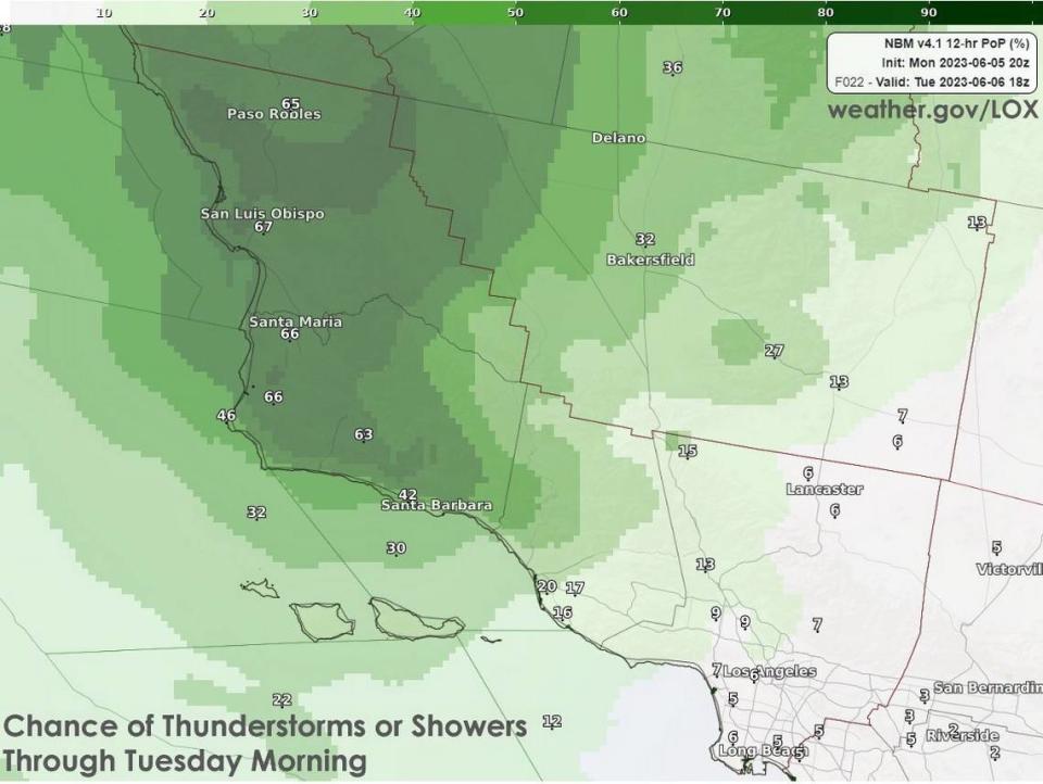 The National Weather Service is warning of potential thunderstorms with lightning across San Luis Obispo and Santa Barbara Counties on June 5, 2023.