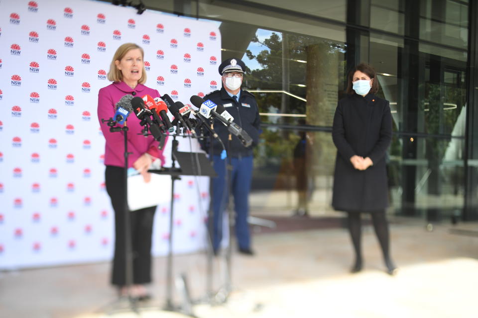 Premier of New South Wales, Gladys Berejiklian MP watches on as Dr Kerry Chant NSW Chief Health Officer speaks at a media conference in St Leonards on July 13, 2021 in Sydney, Australia.