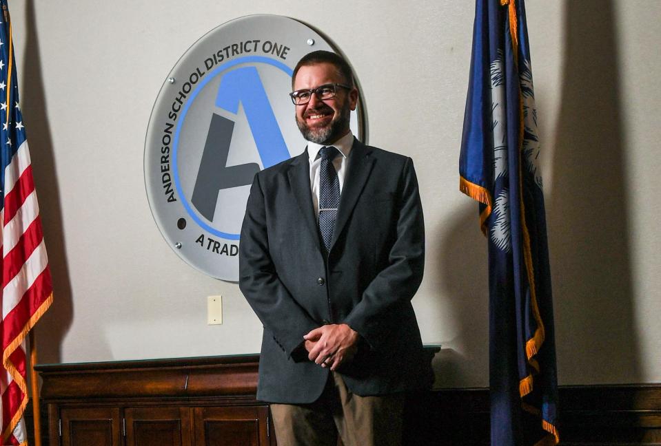 Dr Seth Young, photographed in the Anderson School District One board room, was named Superintendent in January 2024.