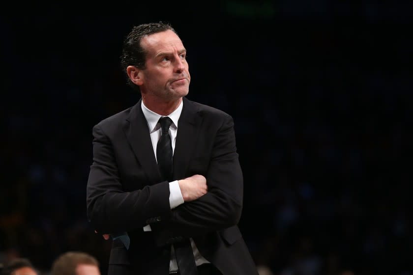 NEW YORK, NEW YORK - JANUARY 12: Kenny Atkinson of the Brooklyn Nets looks on from the bench against the Atlanta Hawks at Barclays Center on January 12, 2020 in New York City. Brooklyn Nets defeated the Atlanta Hawks 108-86.NOTE TO USER: User expressly acknowledges and agrees that, by downloading and or using this photograph, User is consenting to the terms and conditions of the Getty Images License Agreement. (Photo by Mike Stobe/Getty Images)