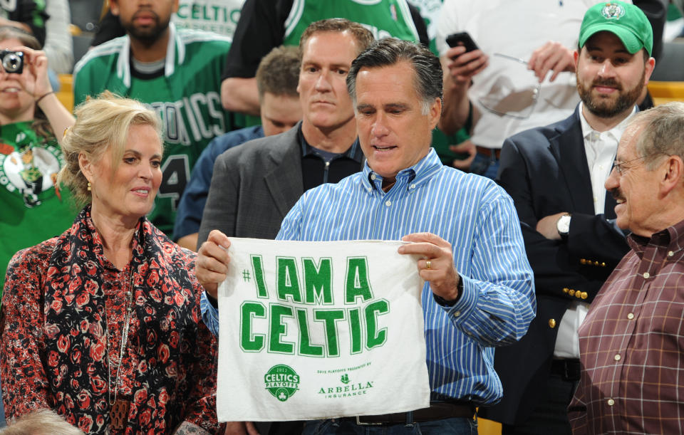 Republican presidential candidate and former Massachusetts Gov. Mitt Romney and wife Ann Romney are seen in attendance for the game of of the Boston Celtics against the Atlanta Hawks in Game Four of the Eastern Conference Quarterfinals during the 2012 NBA Playoffs on May 6, 2012 at TD Garden in Boston, Massachusetts. (Photo by Brian Babineau/NBAE via Getty Images)