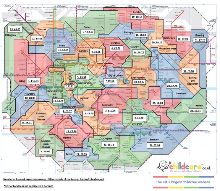 A breakdown of the most expensive regions in London in terms of childcare costs [Photo: childcare.co.uk]