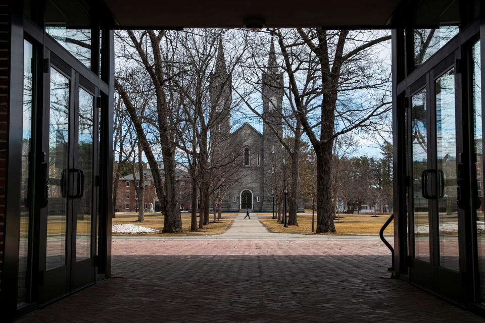 The Bowdoin College campus was nearly empty during spring break on March 11, 2020, in Brunswick, Maine. Many campuses have sent students home for the spring semester. May 1 is traditionally when many incoming first-year students commit for the fall semester.