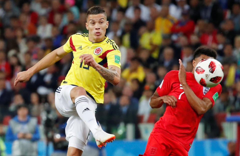 Soccer Football – World Cup – Round of 16 – Colombia vs England – Spartak Stadium, Moscow, Russia – July 3, 2018 Colombia’s Mateus Uribe in action with England’s Jesse Lingard REUTERS/Maxim Shemetov