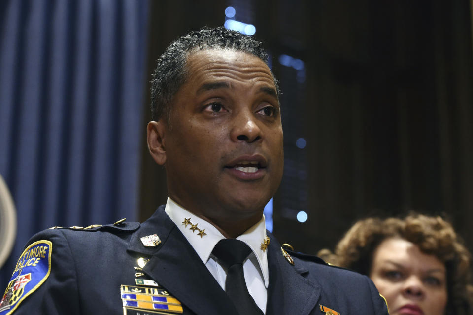 FILE - In this Jan. 19, 2018, file photo, Darryl De Sousa, a 30-year veteran of the Baltimore Police Department, takes questions at City Hall after replacing Kevin Davis as police commissioner, in Baltimore. Former Baltimore Police Commissioner De Sousa was sentenced last week to 10 months in federal prison for tax fraud. (Kim Hairston/The Baltimore Sun via AP, File)