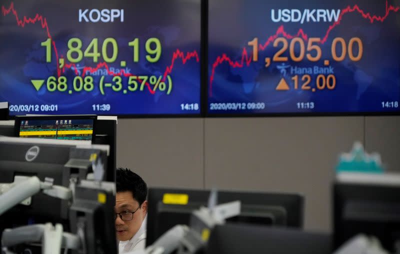 A currency dealer works in front of electronic boards showing the Korea Composite Stock Price Index (KOSPI) and the exchange rate between the U.S. dollar and South Korean won, at a dealing room of a bank in Seoul