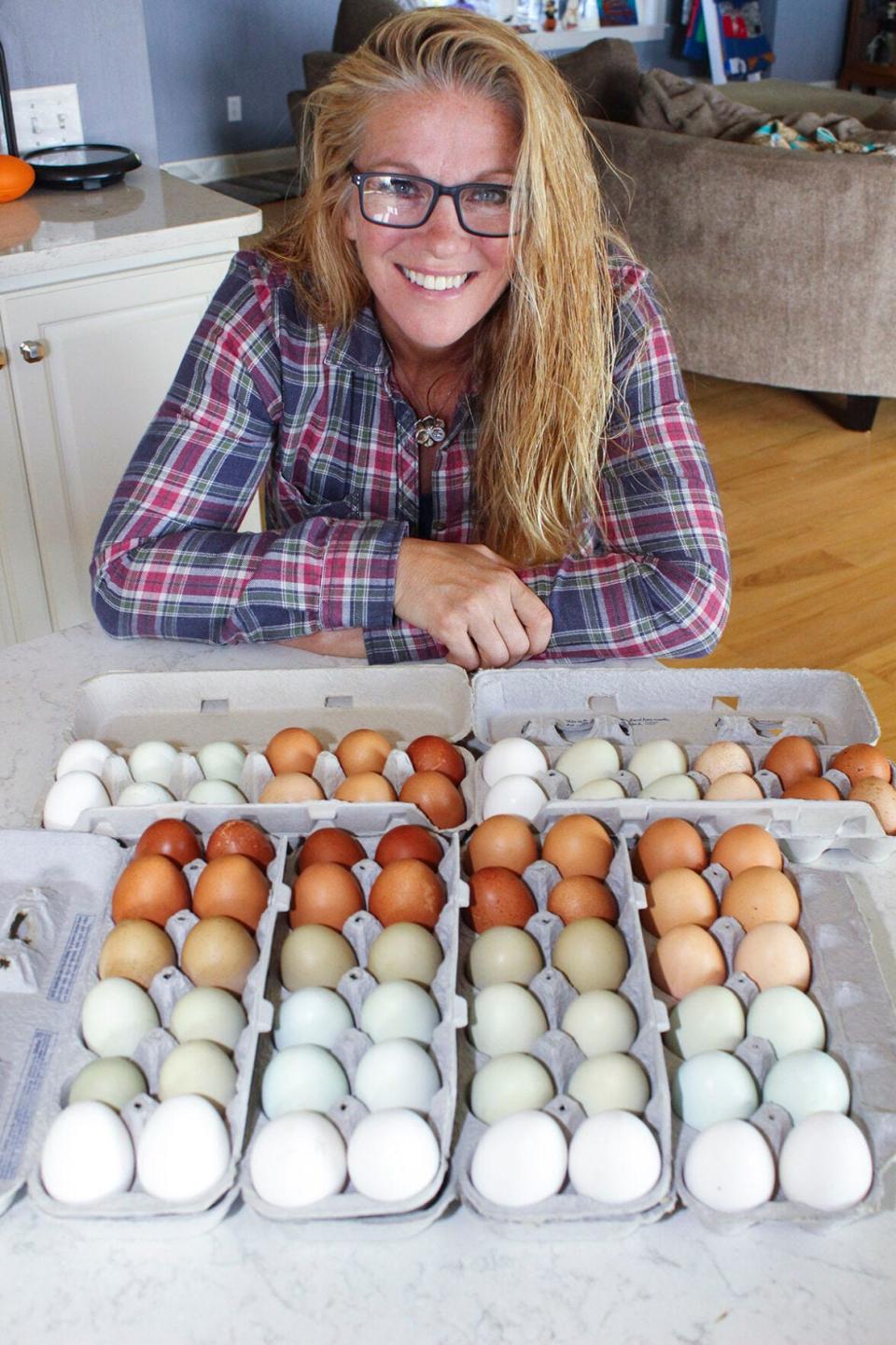 Amy Hess shows the colorful “eggscape” from her diverse poultry flock. The farmer veteran, who has a commercial license, delivers eggs to customers across Mercer County.