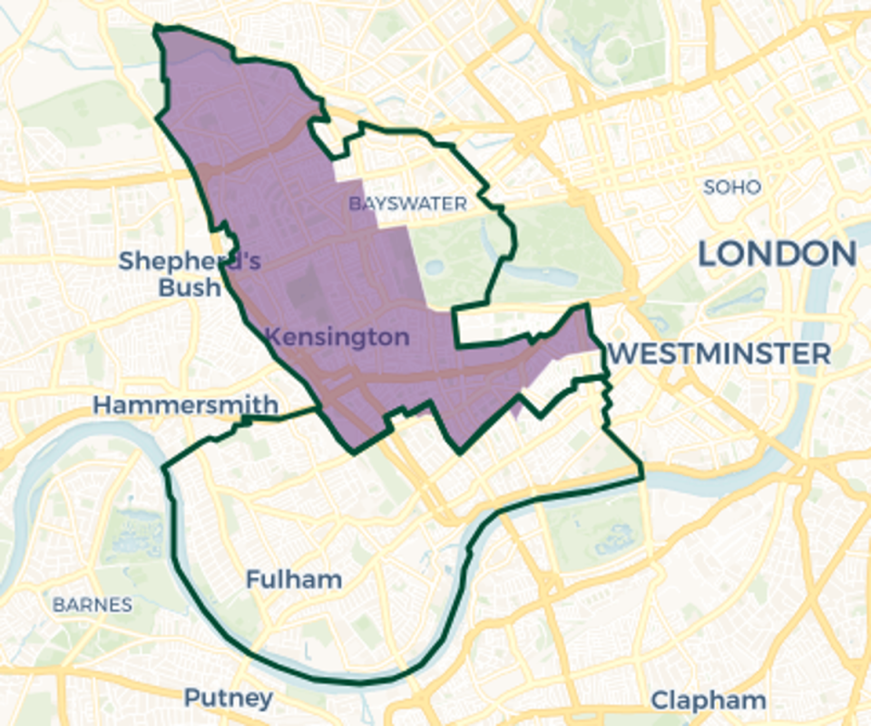 Kensington and Bayswater map: Purple shaded area old constituency boundary. Green outlines new constituency boundaries (© OpenStreetMap contributors | © CARTO)