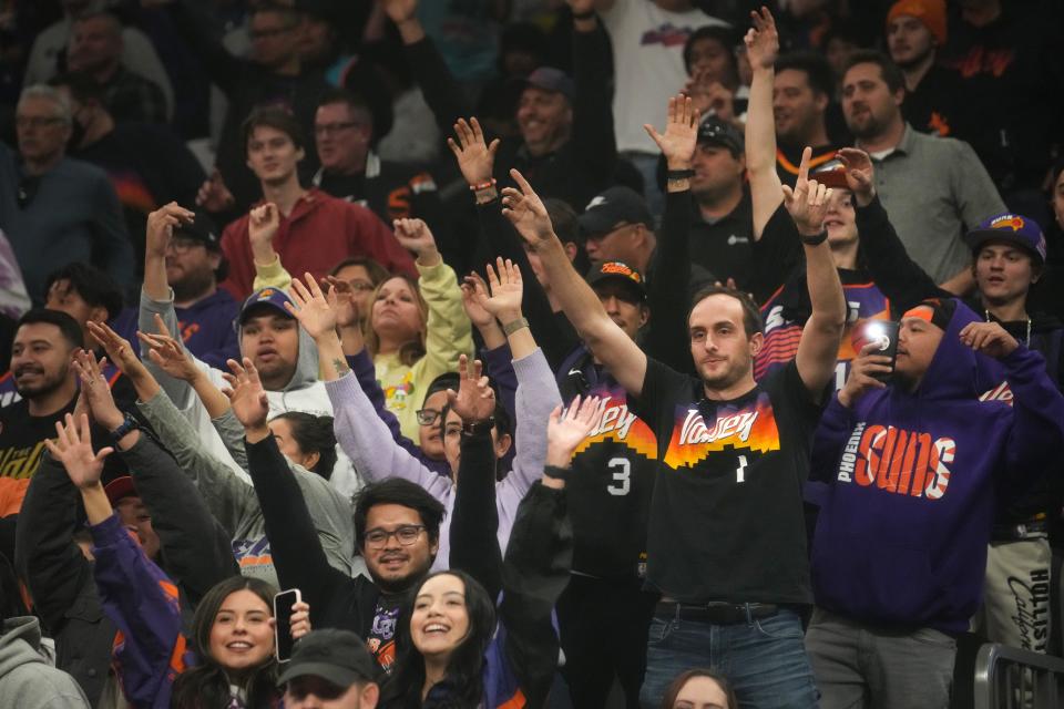 Fans cheer from the stands as Kevin Durant is introduced as a member of the Phoenix Suns during a Feb. 16, 2023, news conference at Footprint Center in Phoenix.