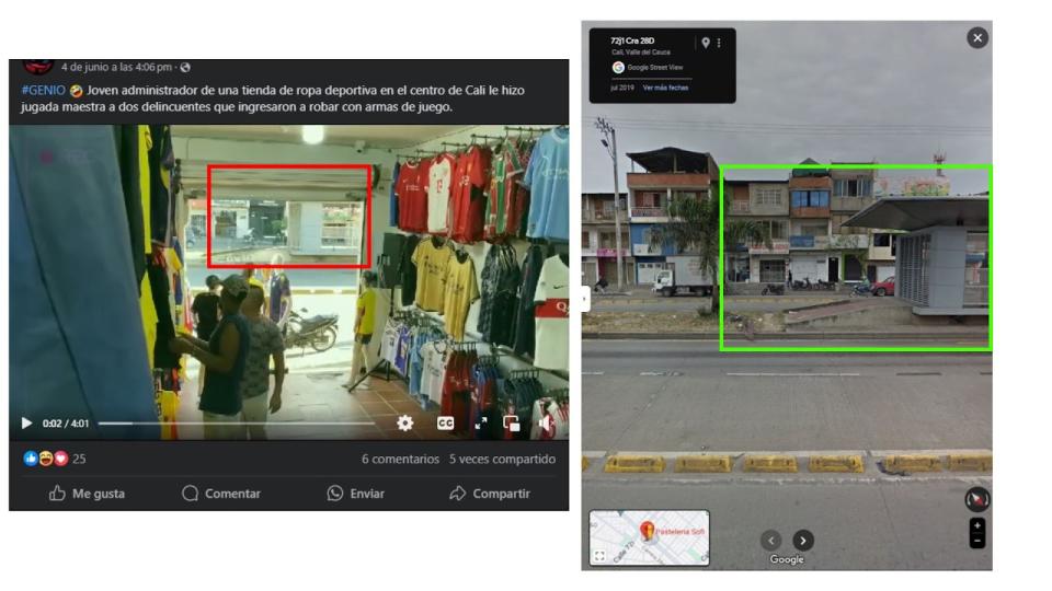 <span>Comparación entre capturas de pantalla de una publicación en Facebook (I) y una ubicación en Google Street View, hecha el 12 de junio de 2024</span>