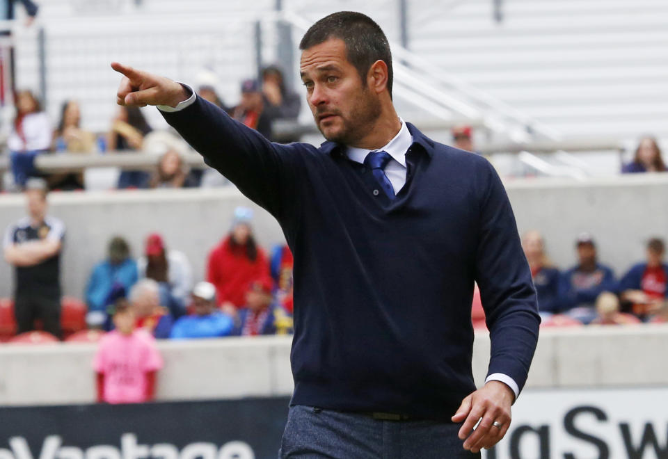 Real Salt Lake head coach Mike Petke directs his team in the second half of an MLS soccer match against Toronto FC Saturday, May 18, 2019, in Sandy, Utah. (AP Photo/Rick Bowmer)