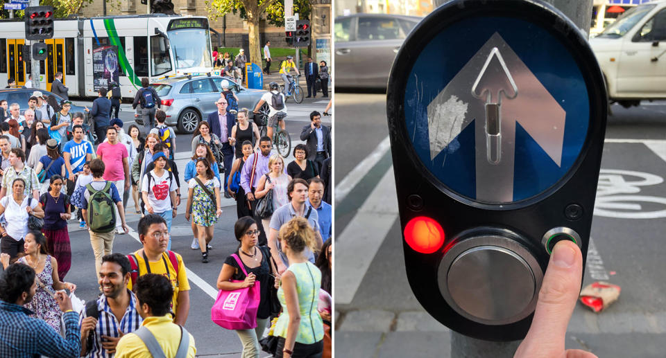 People crossing and street in Melbourne, and right, a crossing with infra-red sensors. Source: Getty Images/Reddit