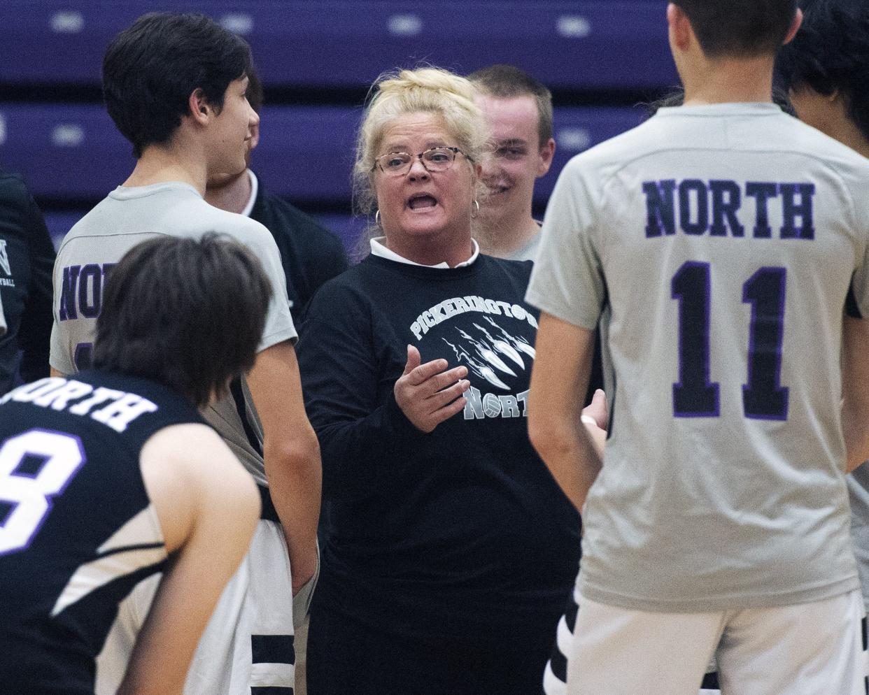 North coach Marci Truex instructs her team during a match earlier this season. The Panthers have dedicated their season to freshman Andres Nunez Cano, who died in his sleep March 13.