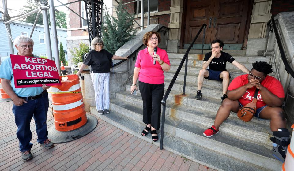 In this file photo, Westchester County Legislator MaryJane Shimsky delivers remarks during an abortion-rights gathering in front of Irvington Town Hall, June 24, 2022.