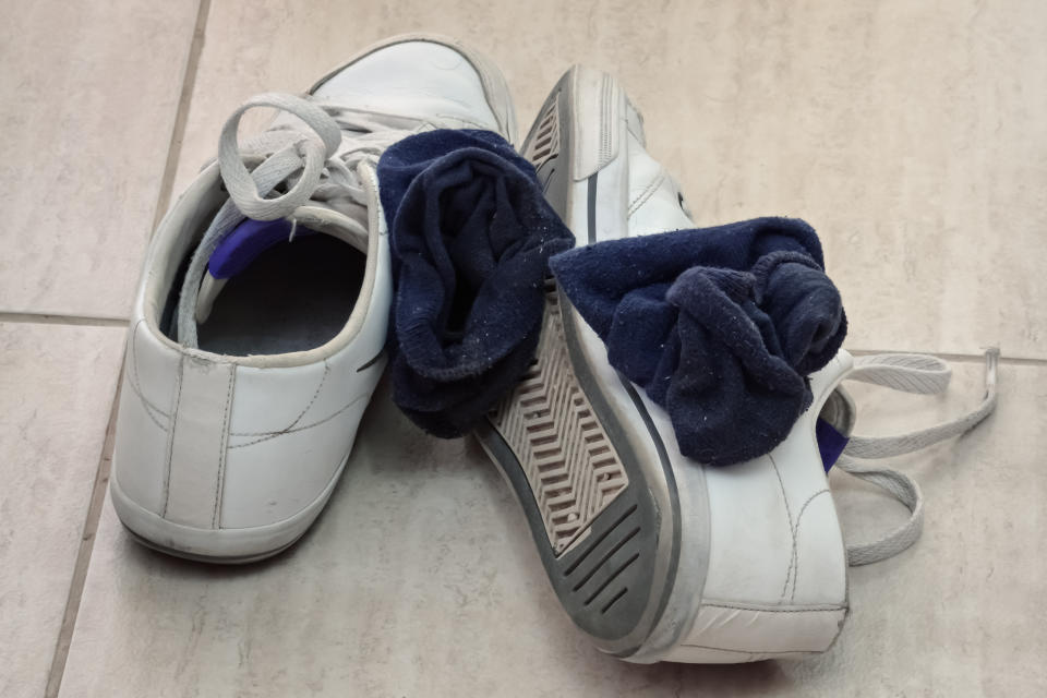 Pair of sneakers and socks after a workout