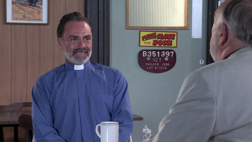 FROM ITV

STRICT EMBARGO - No Use before Tuesday 13th July 2021

Coronation Street - Ep 10380

Monday 19th July 2021 - 1st Ep

Billy Mayhew [DANIEL BROCKLEBANK] meets up with the bishop and to Todd GrimshawÕs [GARETH PIERCE] horror, tells him he realises he isnÕt up to the job and would like to resign from archdeacon.

Picture contact David.crook@itv.com 

This photograph is (C) ITV Plc and can only be reproduced for editorial purposes directly in connection with the programme or event mentioned above, or ITV plc. Once made available by ITV plc Picture Desk, this photograph can be reproduced once only up until the transmission [TX] date and no reproduction fee will be charged. Any subsequent usage may incur a fee. This photograph must not be manipulated [excluding basic cropping] in a manner which alters the visual appearance of the person photographed deemed detrimental or inappropriate by ITV plc Picture Desk. This photograph must not be syndicated to any other company, publication or website, or permanently archived, without the express written permission of ITV Picture Desk. Full Terms and conditions are available on  www.itv.com/presscentre/itvpictures/terms