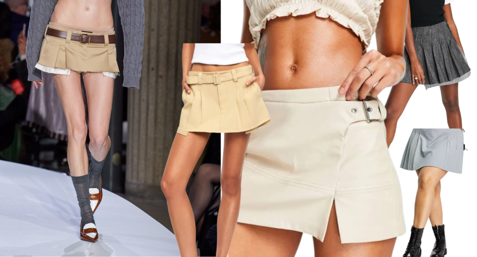 A series of models wearing mini skirts, some featuring men's belts and buckles, other in grey pleats.