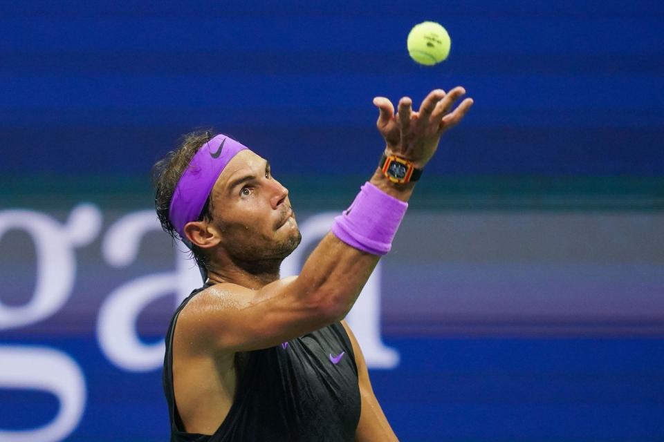 Rafael Nadal of Spain serves against Marin Cilic of Croatia in their Round Four Men's Singles tennis match during the 2019 US Open at the USTA Billie Jean King National Tennis Center