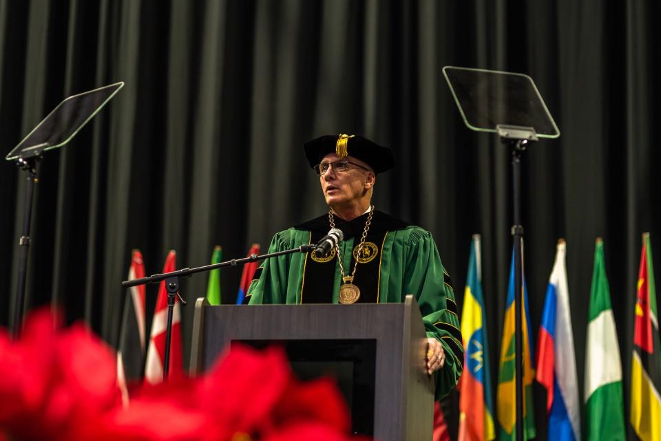 Methodist University President Stanley T. Wearden welcomes graduates and the crowd to MU’s Winter Commencement on Saturday, Dec. 10, 2022.